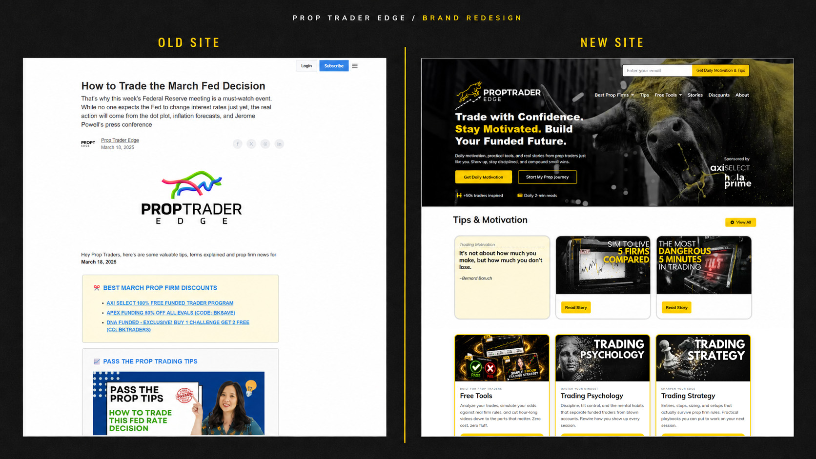 Prop Trader Edge website comparison showing the old site beside the redesigned site