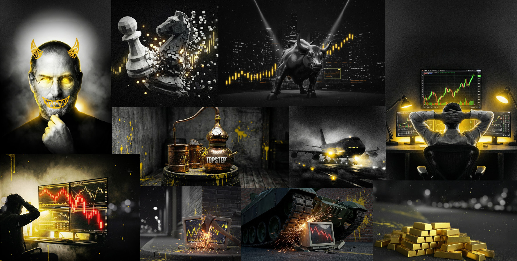 Prop Trader Edge editorial image system showing a range of black, white, and yellow AI-assisted article images